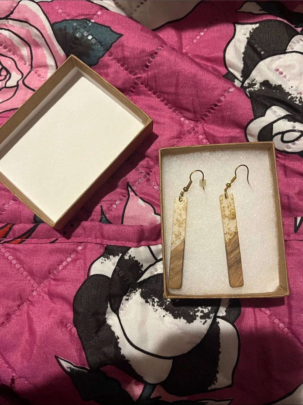 Gold and Natural Wood Bar Drop Earrings for Women